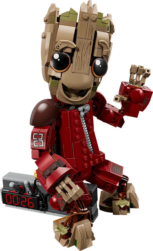 A LEGO build of Groot in a red Ravager jumpsuit sits playfully, holding a small bomb with a timer set to 00:26. His wooden textured head and big black eyes are prominent.