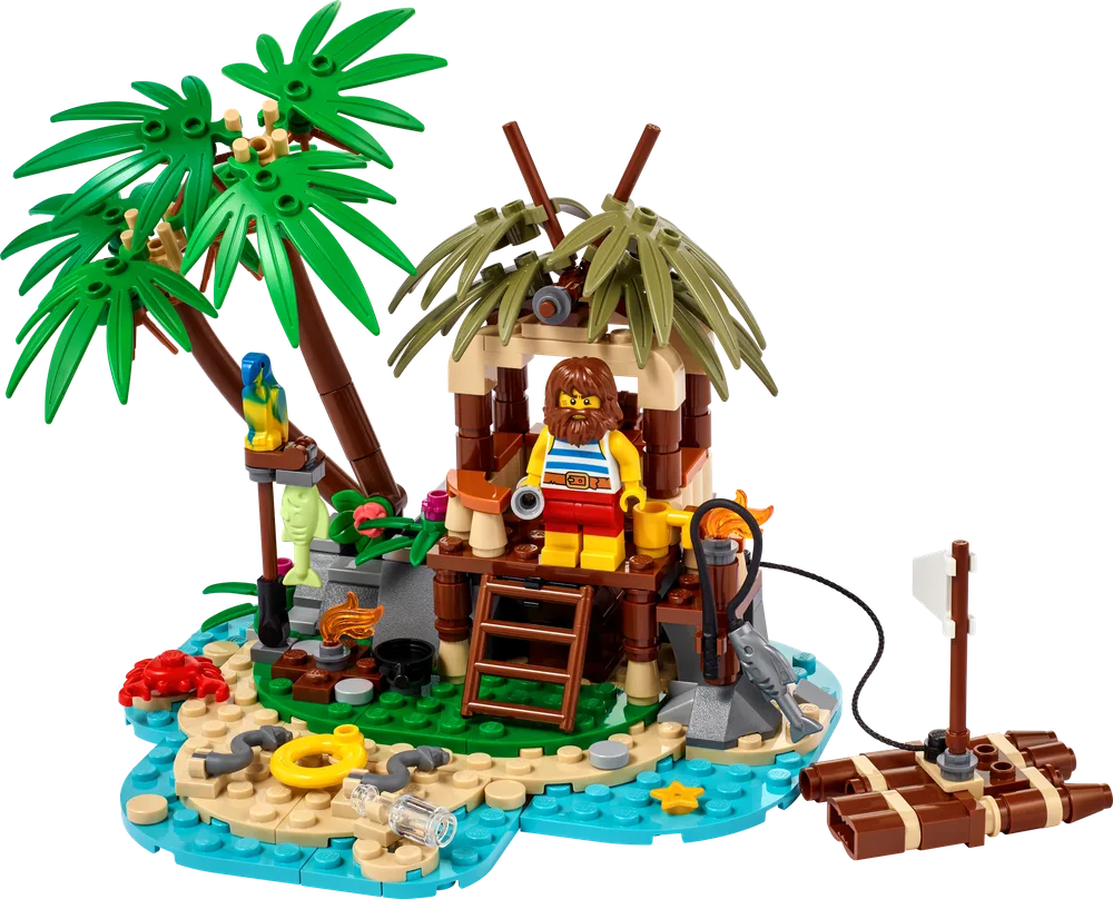 Ray the Castaway minifigure on a small, detailed LEGO island with a hut, palm trees, parrot, and raft.