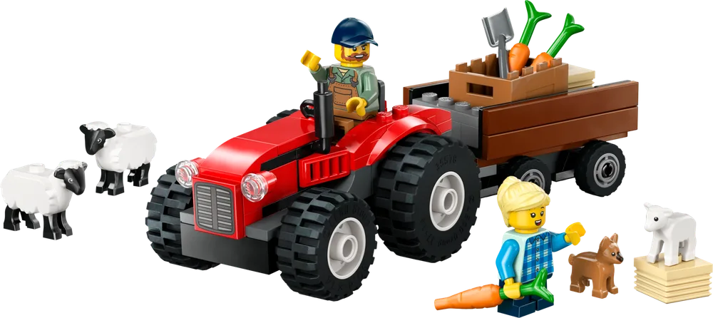 A red LEGO City tractor with a brown trailer carrying carrots and shovels, driven by a farmer minifigure, accompanied by two sheep, a female minifigure holding a carrot, a lamb, and a small brown dog.