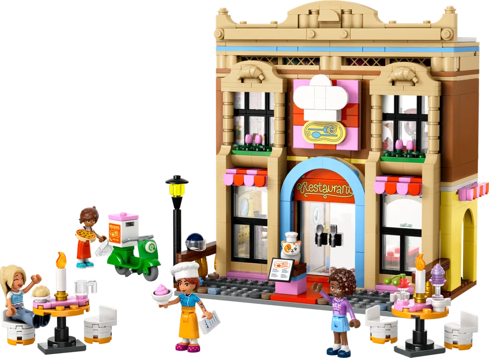 LEGO Friends Heartlake City Restaurant and Cooking School set number 42655 with 896 pieces. The detailed two-story building features a chef's hat sign, arched entrance, and outdoor dining. Minifigures include a chef, delivery person on a scooter, and two diners.