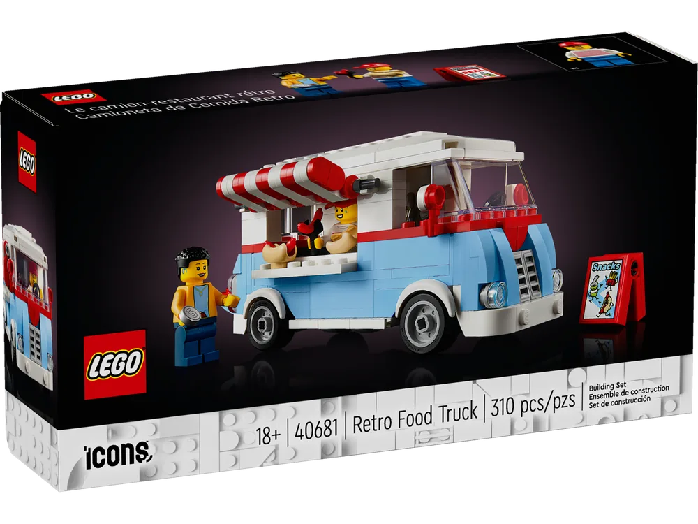 Front view of the LEGO Icons 40681 Retro Food Truck box, showing the assembled model and a minifigure.