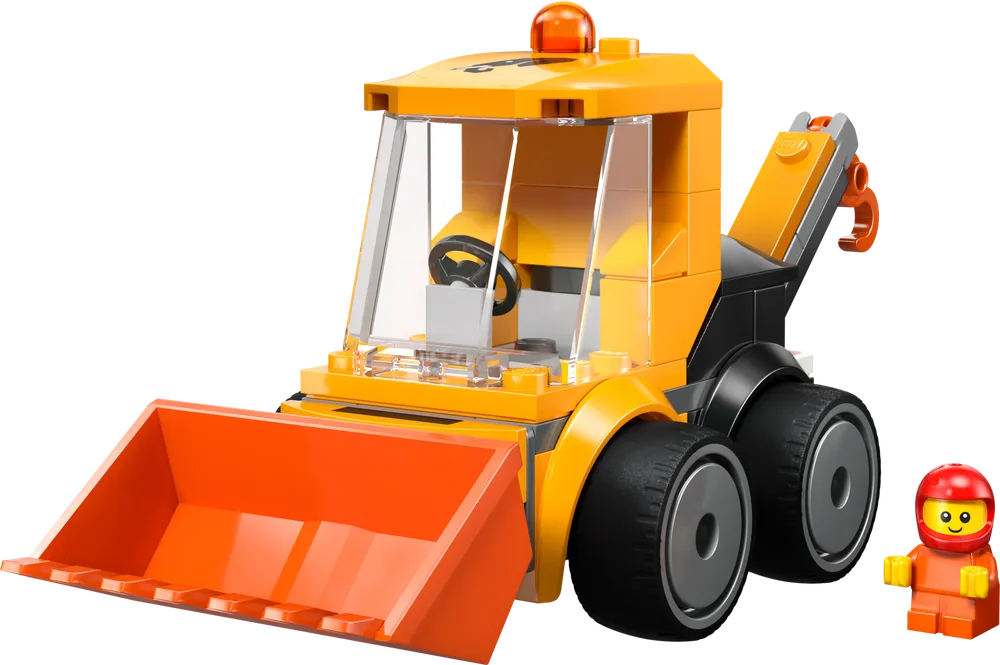 Front view of the LEGO City Construction Loader (60483) with its orange bucket and a construction worker minifigure.