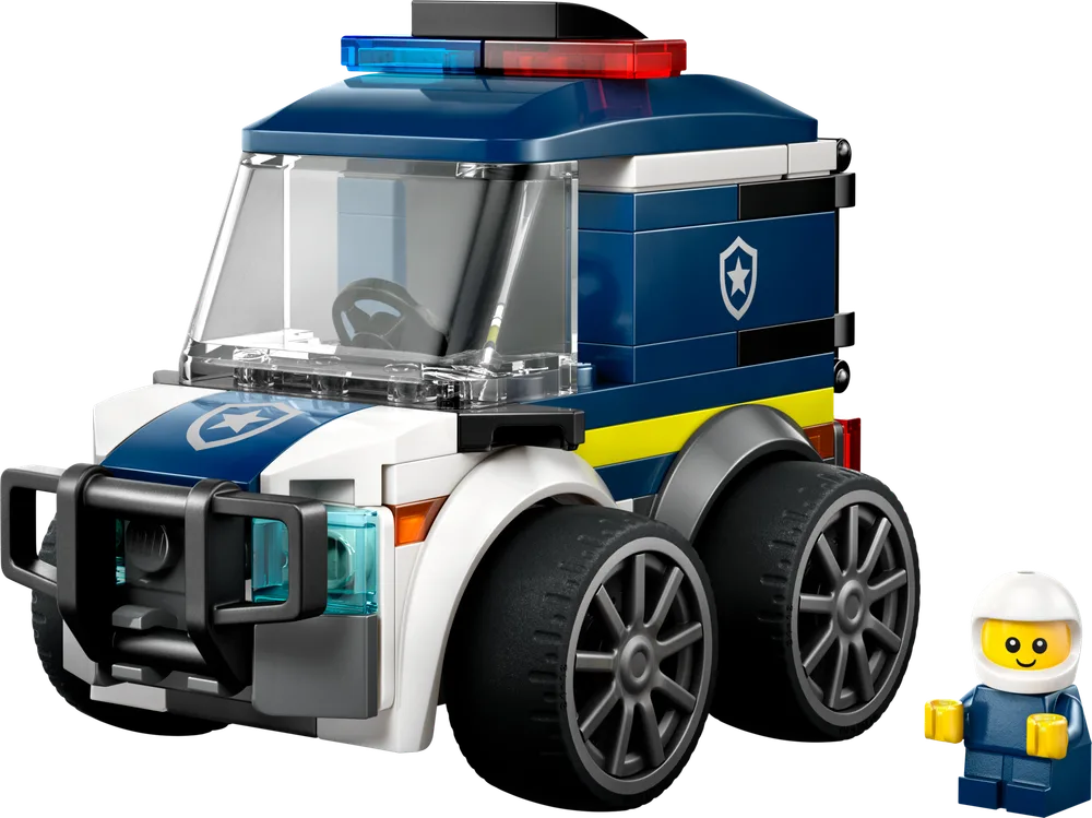 Front 3/4 view of the LEGO City 60481 Police Truck with a minifigure standing next to it.
