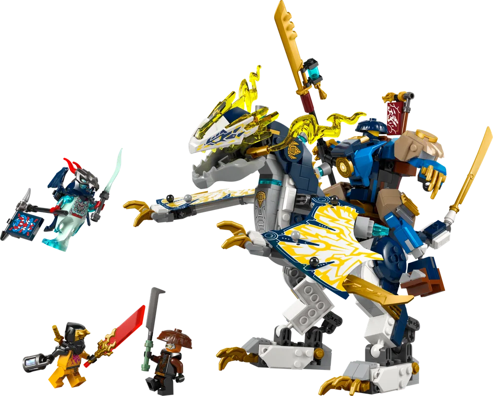 LEGO Ninjago 71843 Rogue's Mech Dragon Rider set in a dynamic action pose with Arin, Sora, Cinder, and Wolf Mask Warrior minifigures.