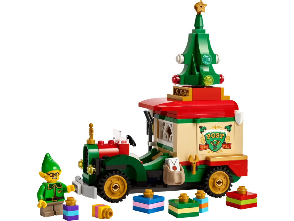 LEGO Santa's Delivery Truck 40746 set showing the vintage-style truck, an elf minifigure, the Christmas tree accessory, and several wrapped presents.