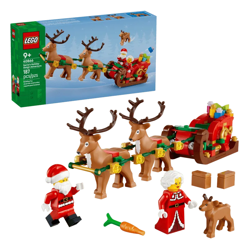 LEGO Santa's Holiday Adventure set 40866 box and all components laid out: Santa, Mrs. Claus, two adult reindeer, one baby reindeer, a sleigh with gifts, a carrot, and two brown boxes.