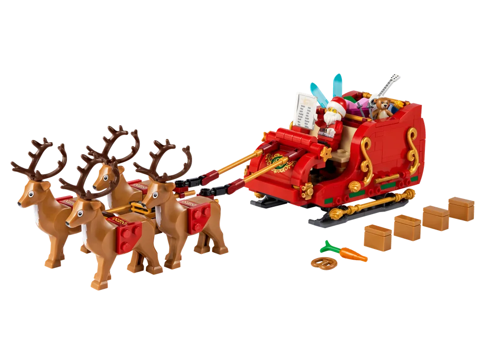LEGO Santa's Sleigh set 40499 with Santa, four reindeer, and gifts on a white background.