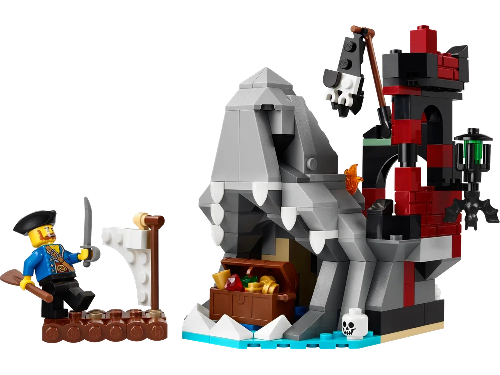 A LEGO Pirate Captain stands on a raft next to a grey shark-mouthed island with a red and black tower and a treasure chest visible.