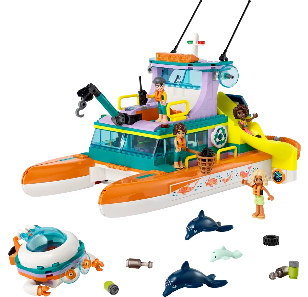 LEGO Friends Sea Rescue Boat (41734) with catamaran, submarine, minifigures, and accessories like dolphins and trash.