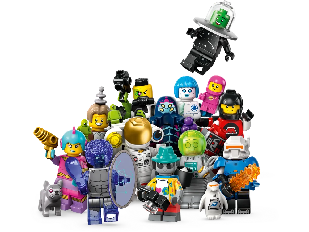 Full collection of LEGO Minifigures Series 26 Space, featuring 12 unique alien and astronaut characters with various accessories like ray guns, shields, and pets.