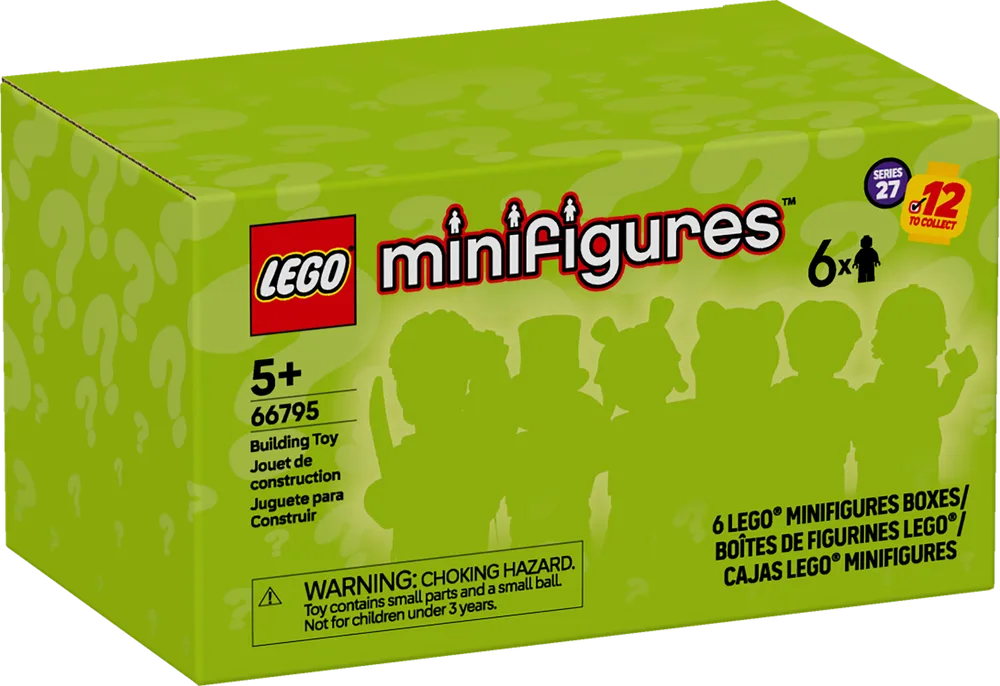 A bright green LEGO Minifigures Series 27 6-pack box, showing silhouettes of 6 minifigures and '12 to collect'.