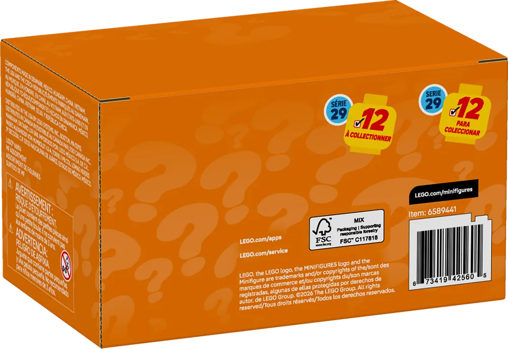 A LEGO Minifigures Series 29 12-pack box in orange with yellow 'Serie 29' and '12 to collect' branding, featuring a question mark pattern.