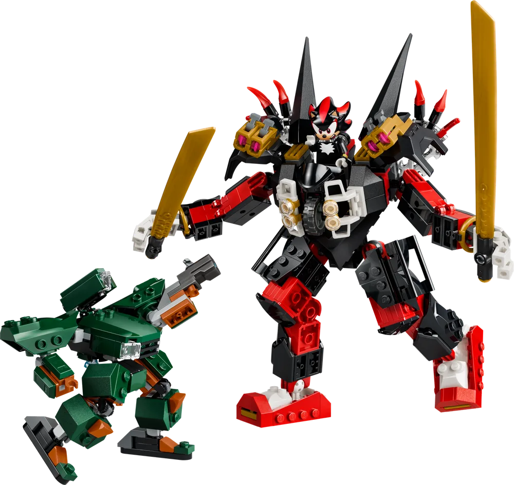 Two LEGO mechs, one black and red with Shadow the Hedgehog, one green, in a dynamic battle pose on a white background.
