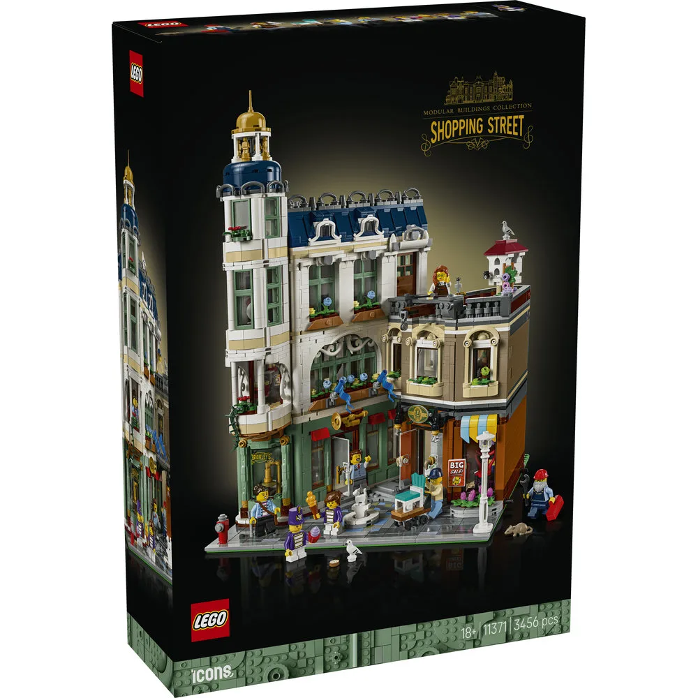LEGO Icons Shopping Street set 11371 box art with the detailed model, piece count, and age recommendation.