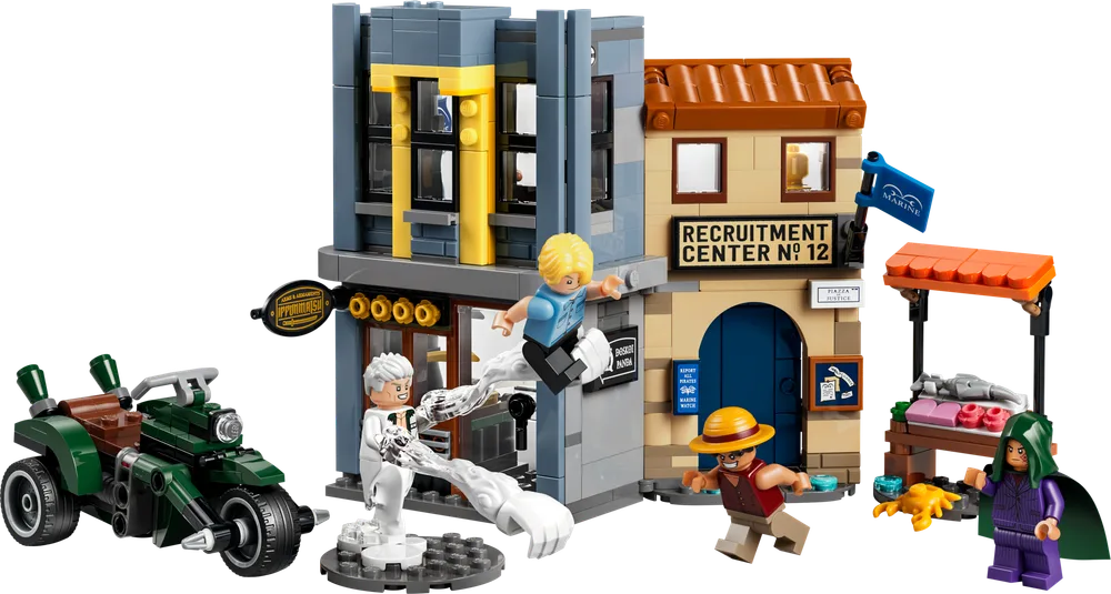LEGO One Piece 75642 set showing Sanji kicking Captain Smoker, a dark green ATV, and two city buildings with a market stall.