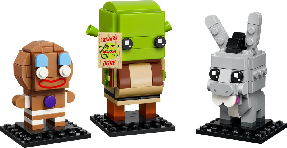 The three BrickHeadz figures, Shrek, Donkey, and Gingy, stand side-by-side on black display bases against a white background.