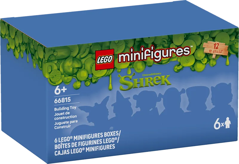 A blue LEGO Minifigures Shrek Series 6 Pack box, showing a swampy green top, '6+' age rating, set number 66815, and silhouettes of characters on the front.