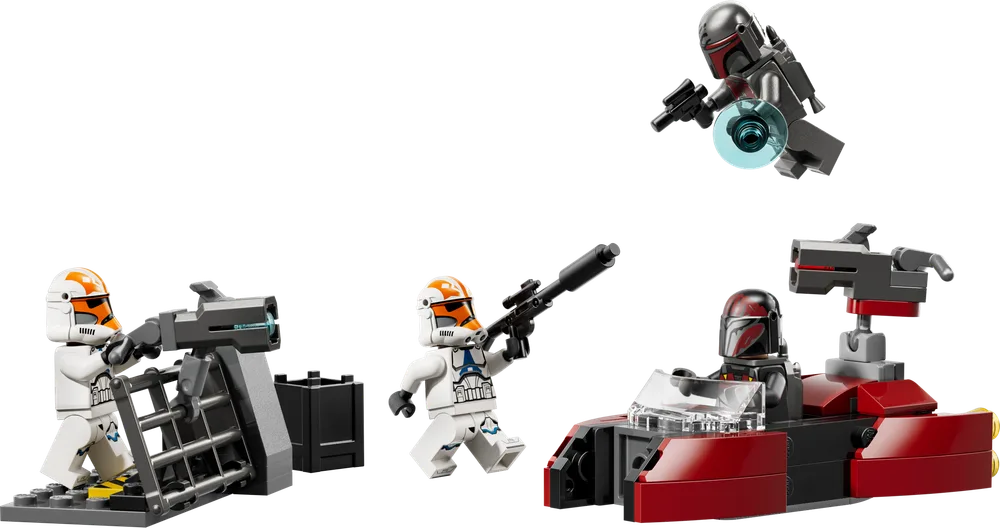 A dynamic Star Wars battle scene unfolds, featuring a Mandalorian Super Commando jetpacking, a 332nd Clone Trooper with a rifle, another Clone Trooper manning a turret on a barricade, and a Mandalorian riding a red speeder with a mounted gun.