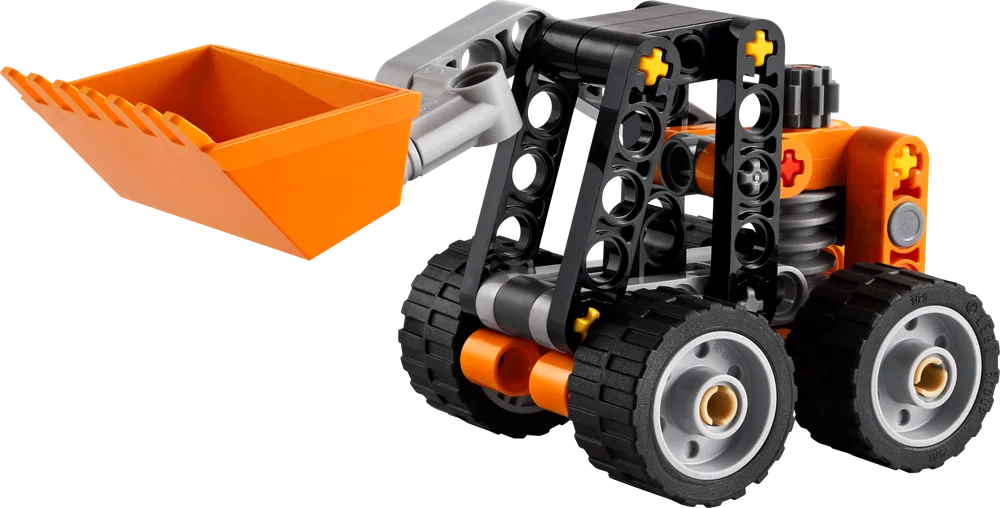 Front view of the LEGO Technic Skid-Steer Loader, showing its orange bucket, black liftarms, and chunky wheels.