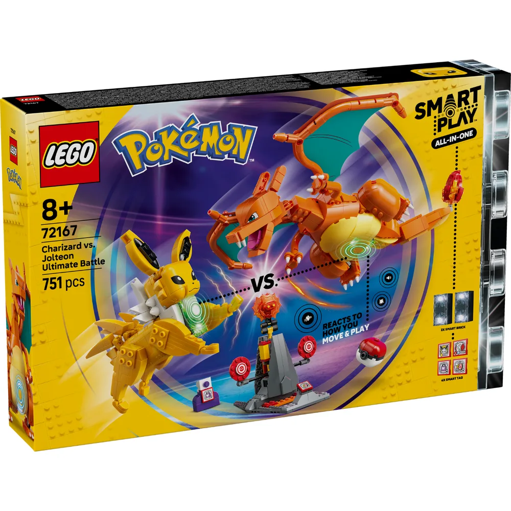 Front of the LEGO Smart Play Charizard vs Jolteon Ultimate Battle box, showcasing the two Pokémon models with interactive light effects, set number 72167, 751 pieces, and '8+' age recommendation.