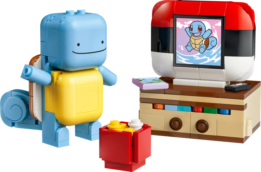 A light blue blocky LEGO figure of Ditto transformed into Squirtle stands next to a small red and tan LEGO television set on a media console, with a tiny red stool in front. The TV screen shows a cartoon Squirtle.