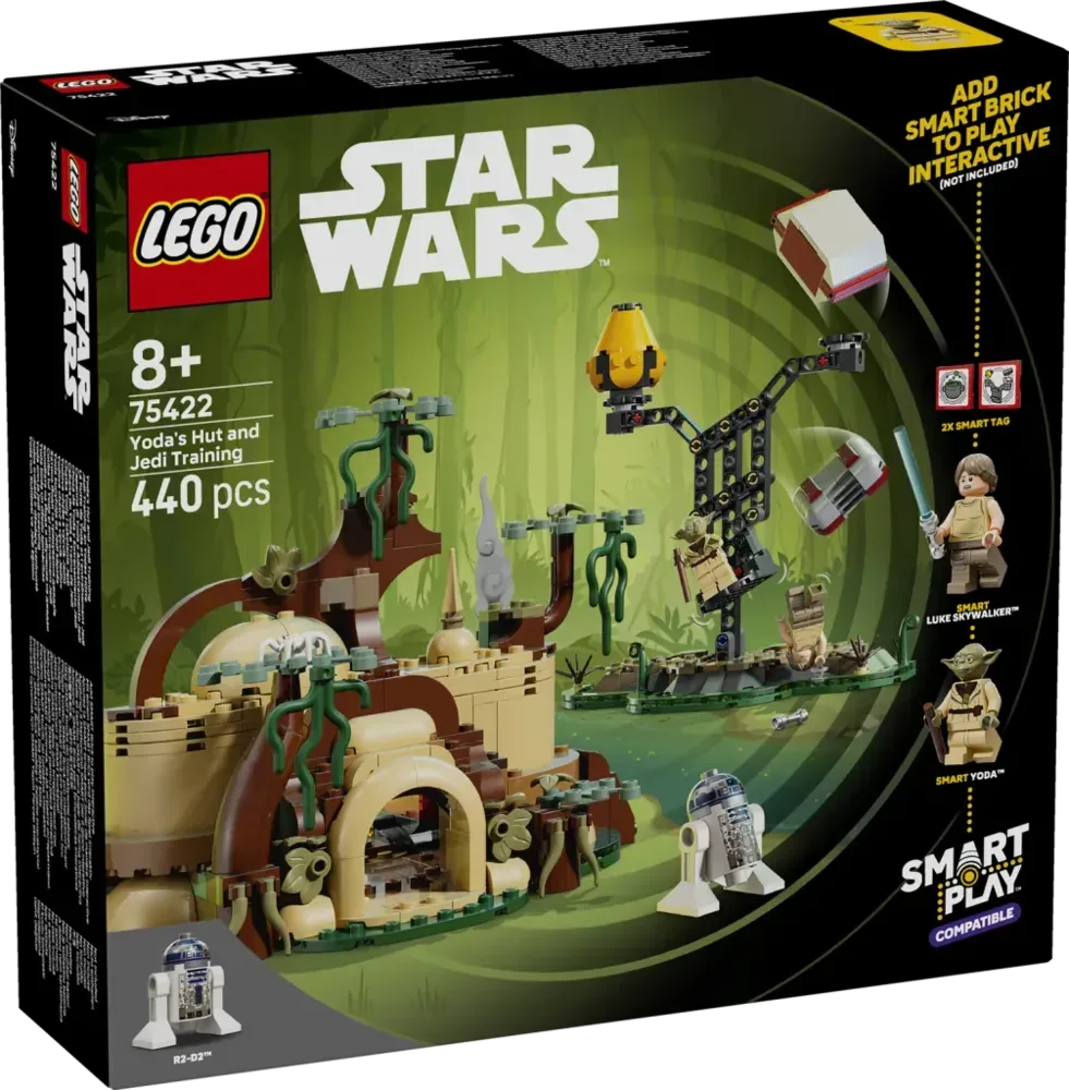 Lego SMART Play™: Yoda's Hut and Jedi Training 75422 front box art showing Yoda's hut, Jedi training area, Luke Skywalker, Yoda, and R2-D2 minifigures.