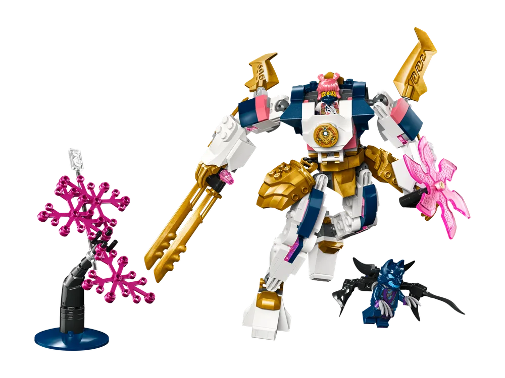 Sora's Elemental Tech Mech 71807 in a dynamic battle pose, wielding a large golden sword and a vibrant pink elemental burst shield. A small dark blue Wolf Mask Warrior minifigure lurks nearby, with a stylized elemental energy tree on the left.