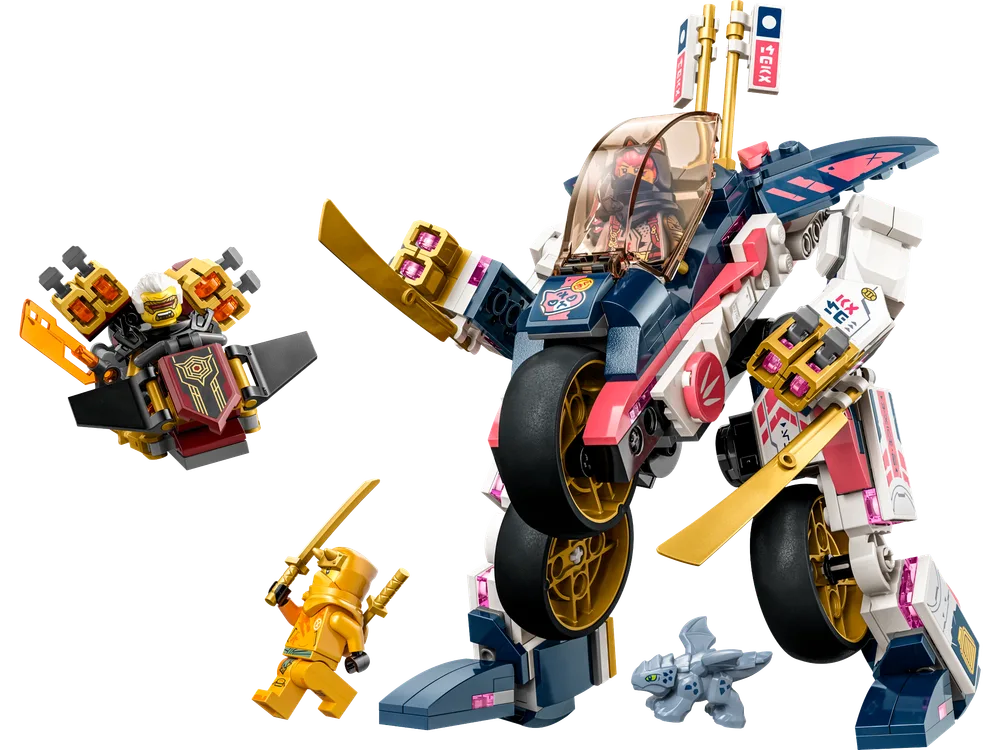 LEGO Ninjago Sora's Transforming Mech Bike Racer 71792 with Sora inside, Arin, Rapton on a flyer, and Baby Riyu.