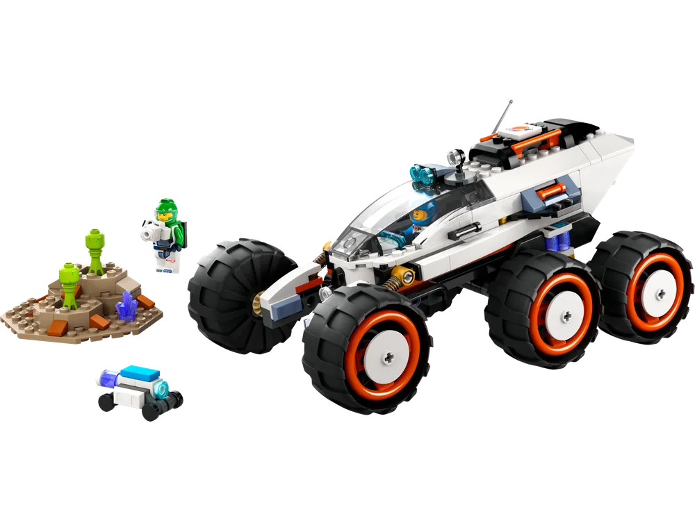 LEGO City Space Explorer Rover and Alien Life set 60431, showing the large white and orange 6-wheeled rover, an astronaut minifigure, a small drone, and a small alien terrain build with green plants and blue crystals on a white background.
