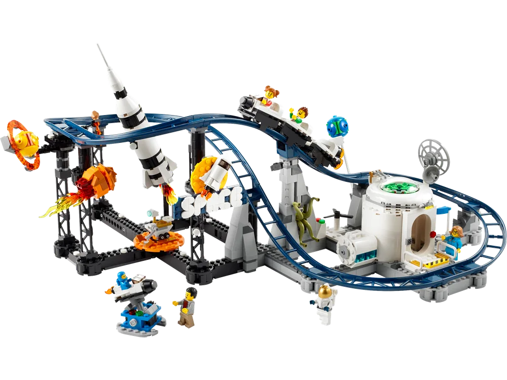Full view of the LEGO Creator 3-in-1 Space Roller Coaster set with minifigures on the ride and around the space station.