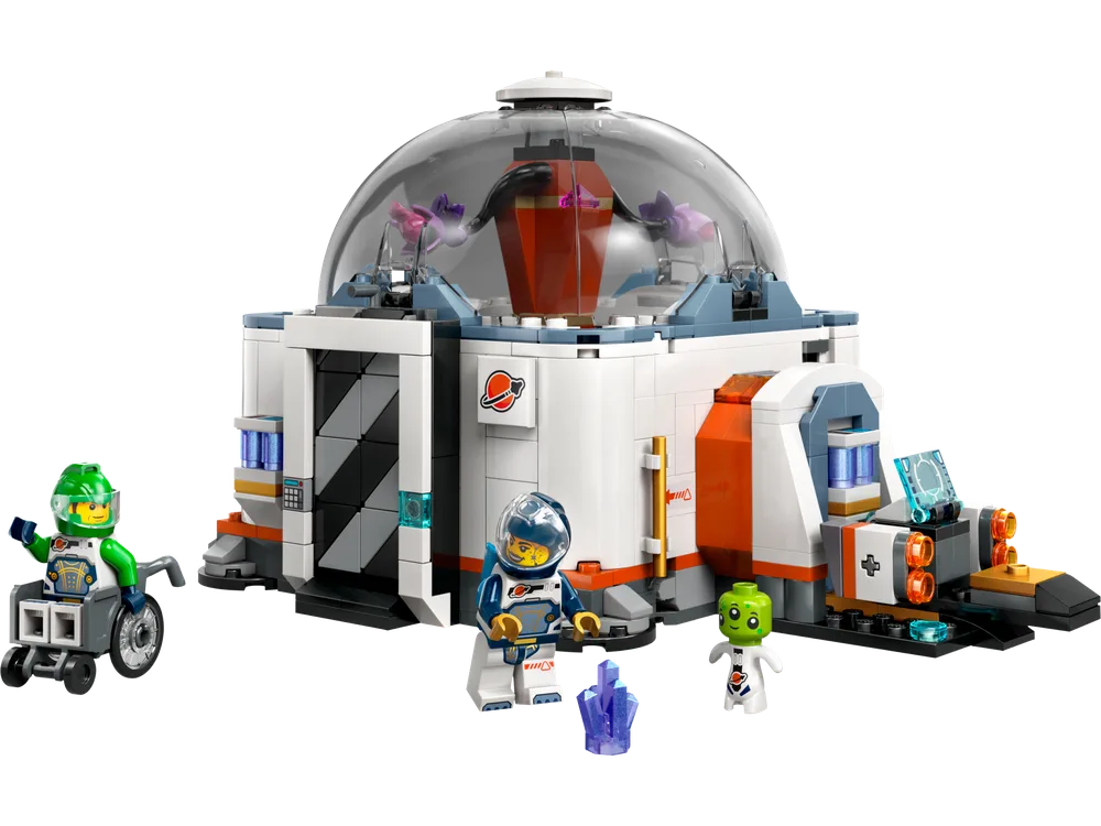 A LEGO City Space Science Lab with an astronaut, alien, and an astronaut in a wheelchair.