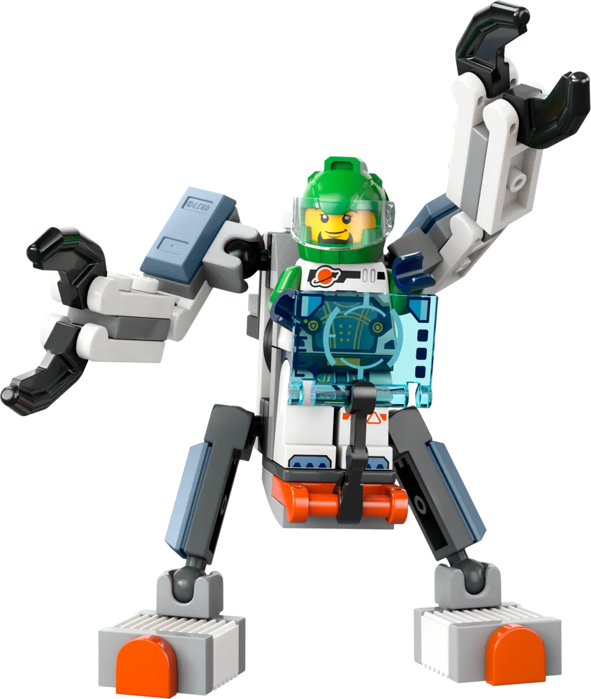 A white and grey LEGO Space Science Mech with a green-helmeted pilot inside, posing dynamically with articulated limbs and transparent blue console.