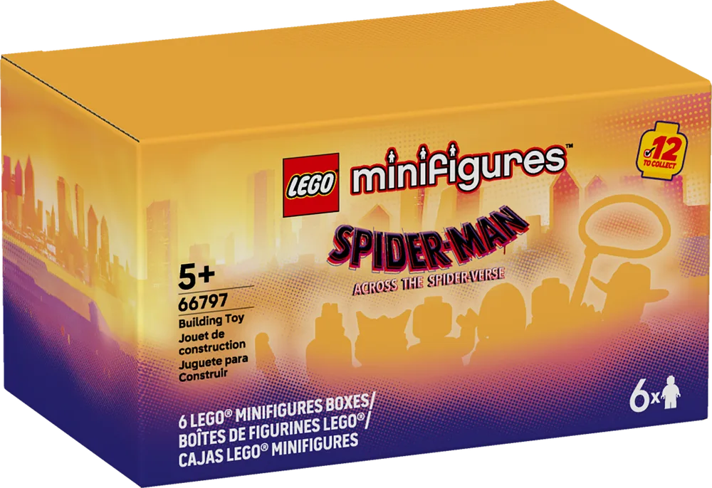 Front view of the LEGO Minifigures Spider-Man Across the Spider-Verse 6-pack box.