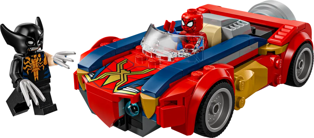 Spider-Man drives his custom red and blue car towards Venomized Wolverine, who stands with claws extended.