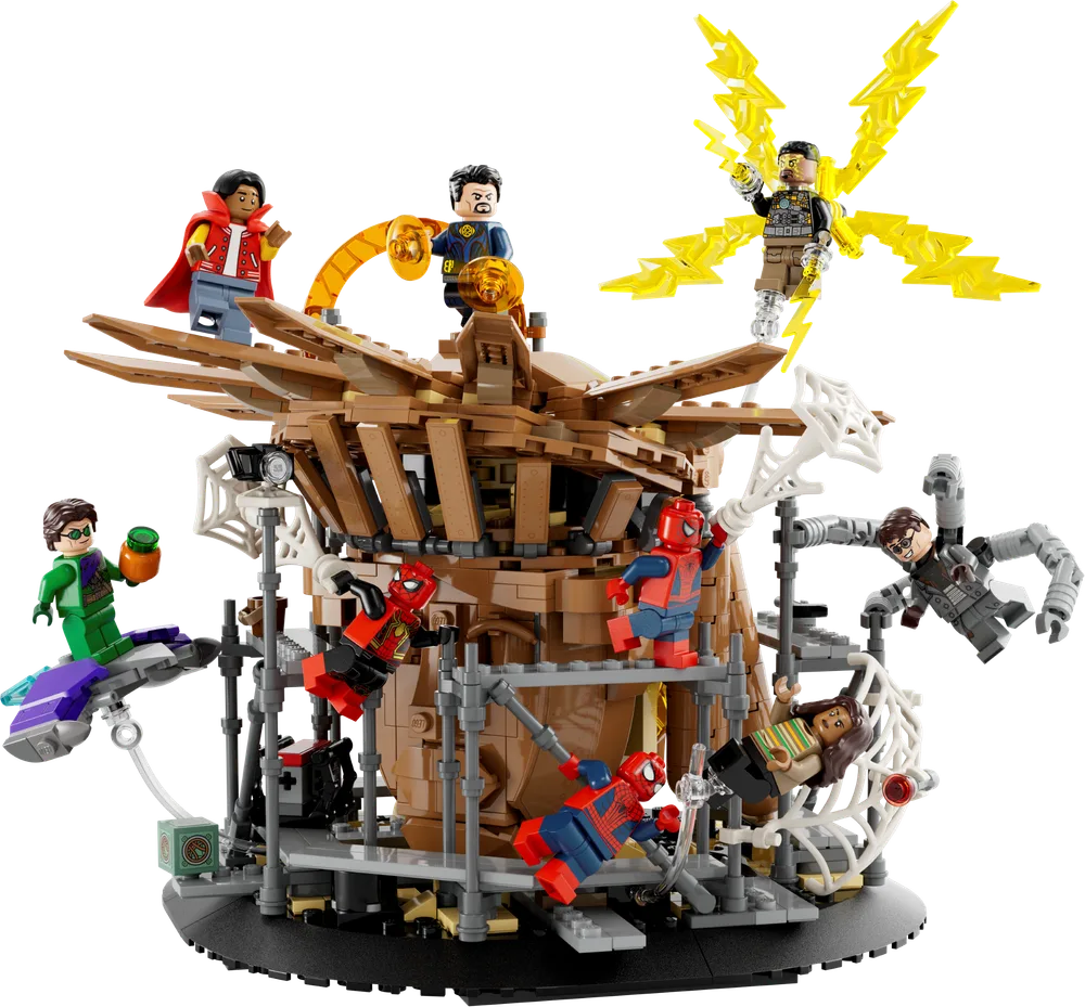 LEGO Marvel Spider-Man Final Battle set 76261 showing three Spider-Men, Doctor Strange, Ned, MJ, Electro, Doc Ock, and Green Goblin in battle on the Sanctum Sanctorum scaffolding.