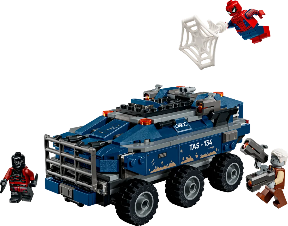 LEGO Spider-Man Prison Transport set with Spider-Man, Mysterio, and Doc Ock minifigures engaged in a chase scene around a blue six-wheeled armored vehicle.