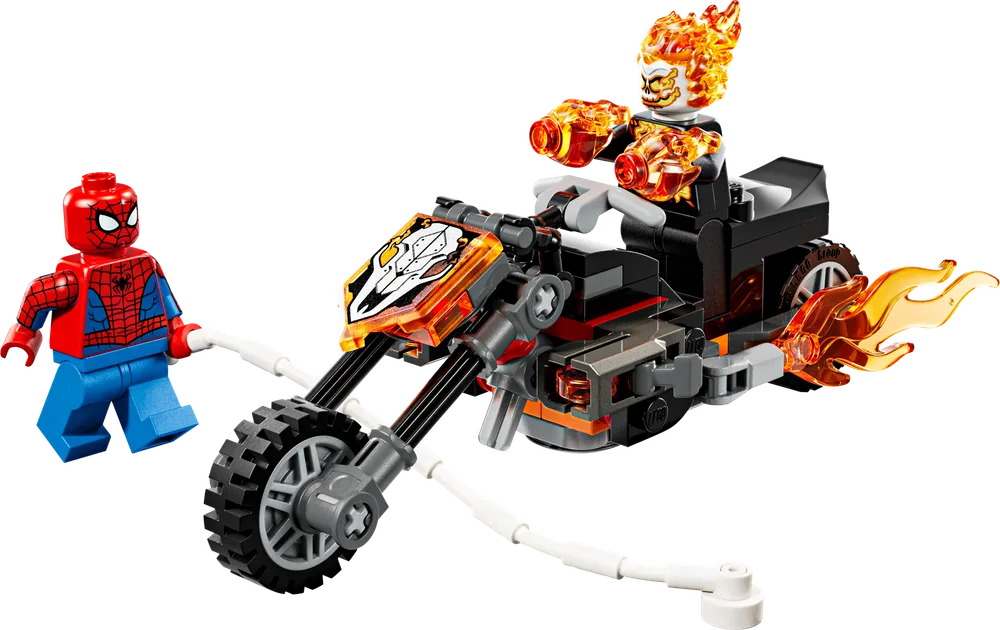 A LEGO set featuring Spider-Man and Ghost Rider on his flaming motorcycle, connected by a web string, against a white background.