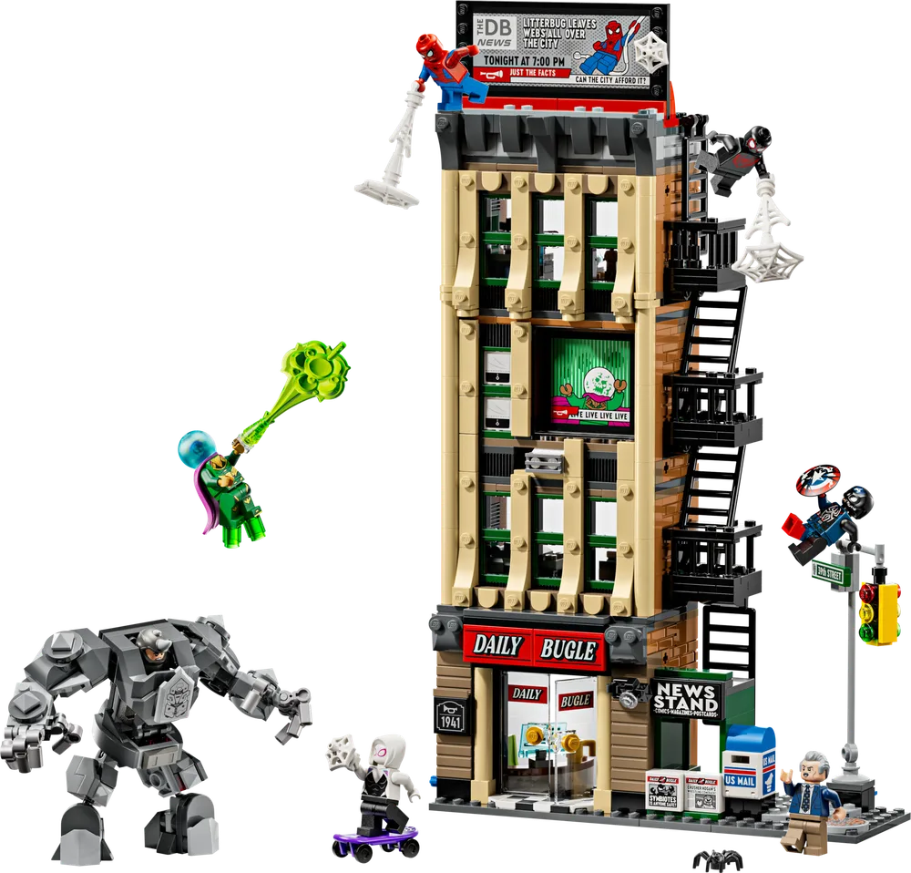 LEGO Marvel Daily Bugle set with Spider-Man, Miles Morales, Ghost-Spider, Mysterio, Rhino, and J. Jonah Jameson in an action scene.