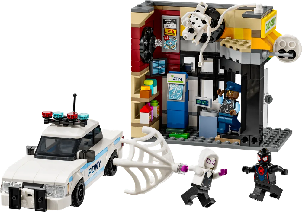 A LEGO set showing a police car, a deli/grocery store facade, Miles Morales, Gwen Stacy, and a police officer minifigure, with The Spot minifigure caught in a web element.