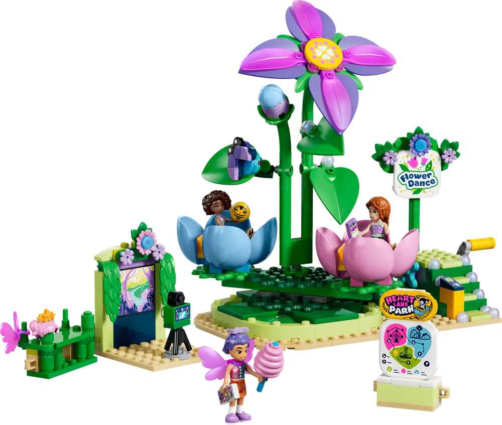 A LEGO Friends set, the Spinning Flower & Fairy Teacup Ride, featuring a large purple and pink flower with two blue and pink flower cups, a photo booth, and minifigures.