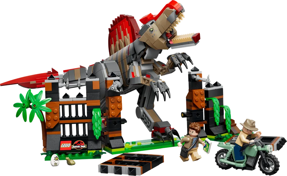 LEGO Jurassic World 77982 Spinosaurus Dinosaur Escape set featuring a large Spinosaurus attacking a modular jungle enclosure with two minifigures.