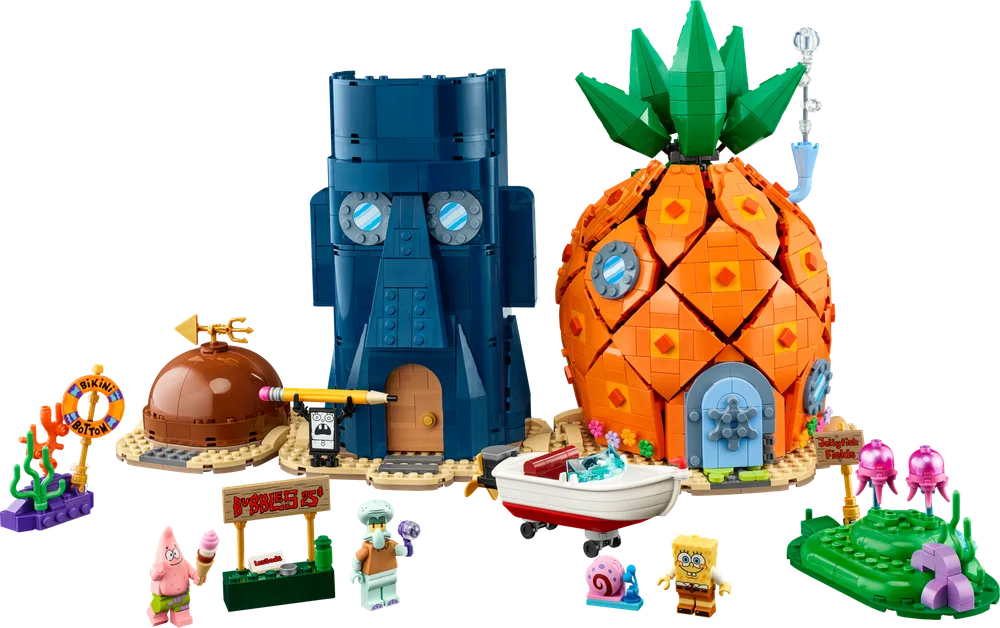 Full LEGO set of SpongeBob SquarePants Bikini Bottom, featuring SpongeBob's pineapple house, Squidward's tiki head home, Patrick's rock, the Krusty Krab sign, Jellyfish Fields, and several minifigures including SpongeBob, Patrick, Squidward, and Gary.