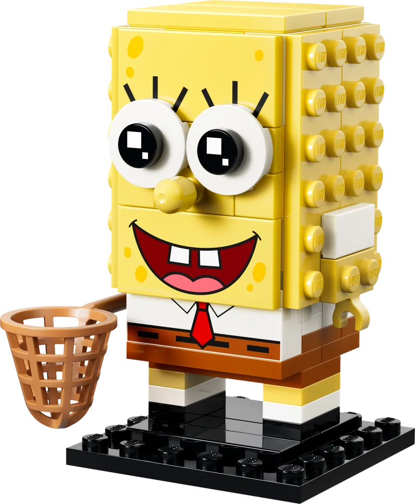 Front view of the LEGO BrickHeadz SpongeBob SquarePants figure, holding a jellyfish net.