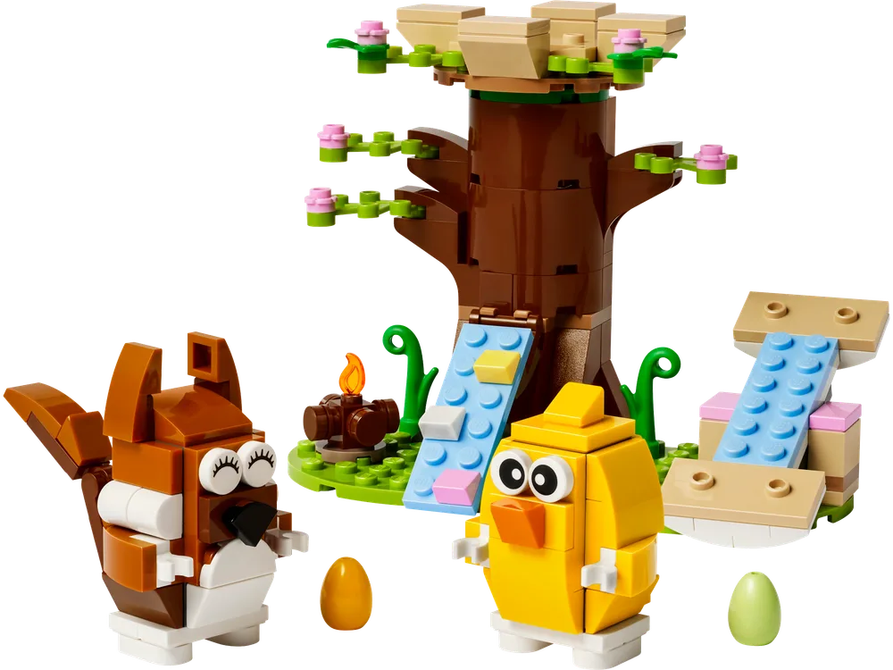 An isolated LEGO Spring Animal Playground set featuring a brown squirrel, a yellow chick, a tree with a blue slide, and a tan seesaw on a green baseplate.