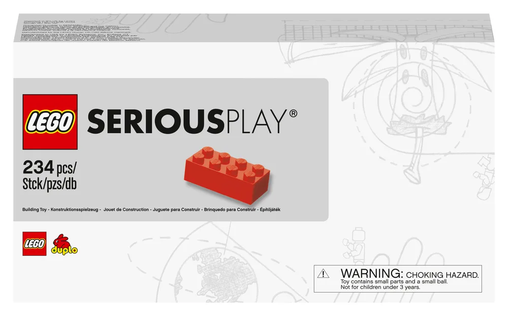 Front view of the LEGO Serious Play box, showing the logo, '234 pcs', and a classic red 2x4 brick.