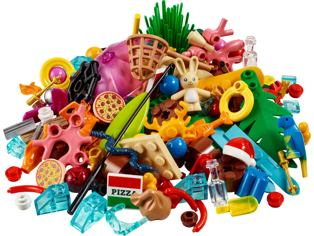 A large pile of various colorful LEGO elements, including a white rabbit, a parrot, pizza tiles, coral, clear water elements, and a net, all suggestive of a summer theme.