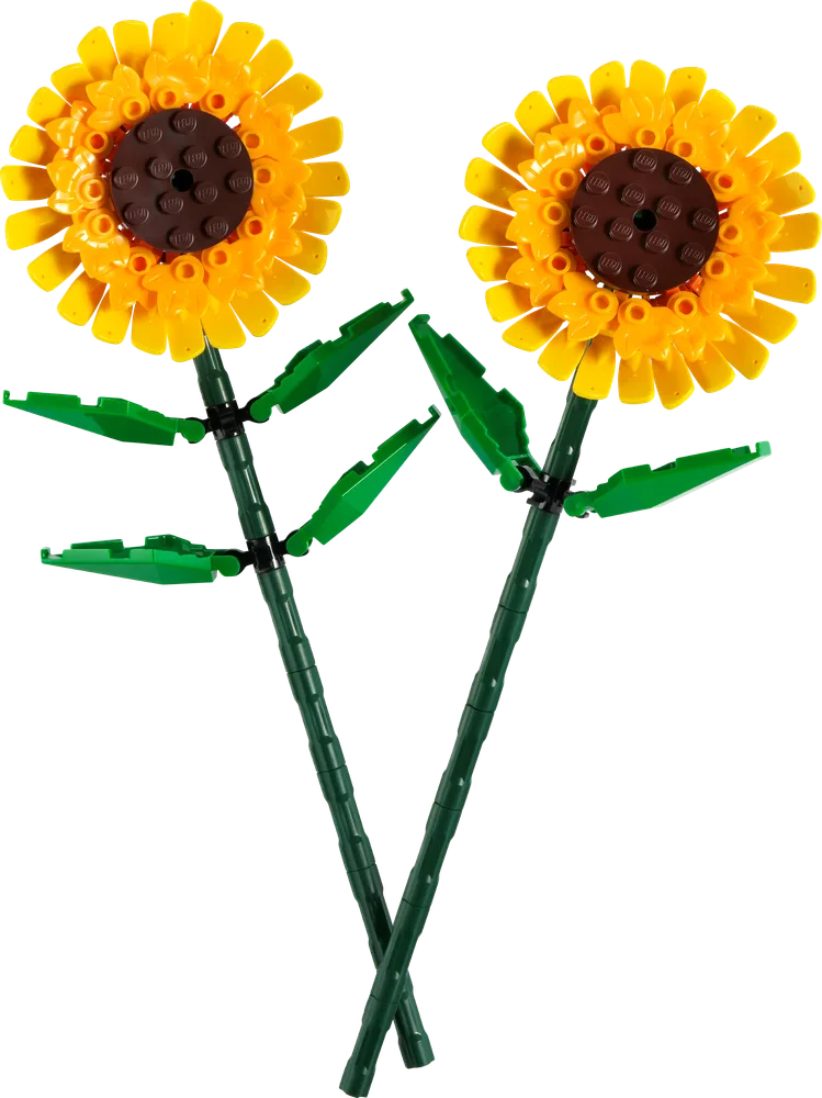 Two bright yellow LEGO sunflowers with dark brown centers, featuring detailed green stems and leaves, set against a plain white background.