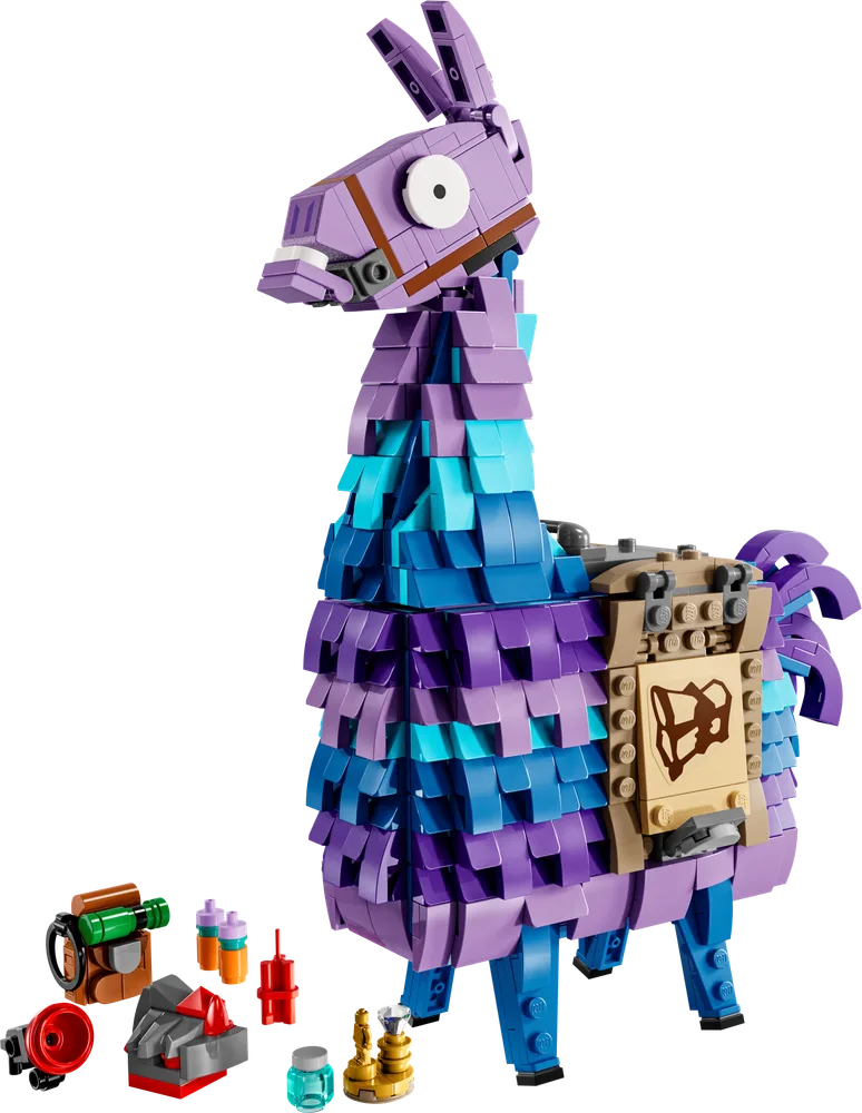 LEGO Fortnite Supply Llama model, purple and blue, with various small brick-built items spread around its feet, all against a white background.