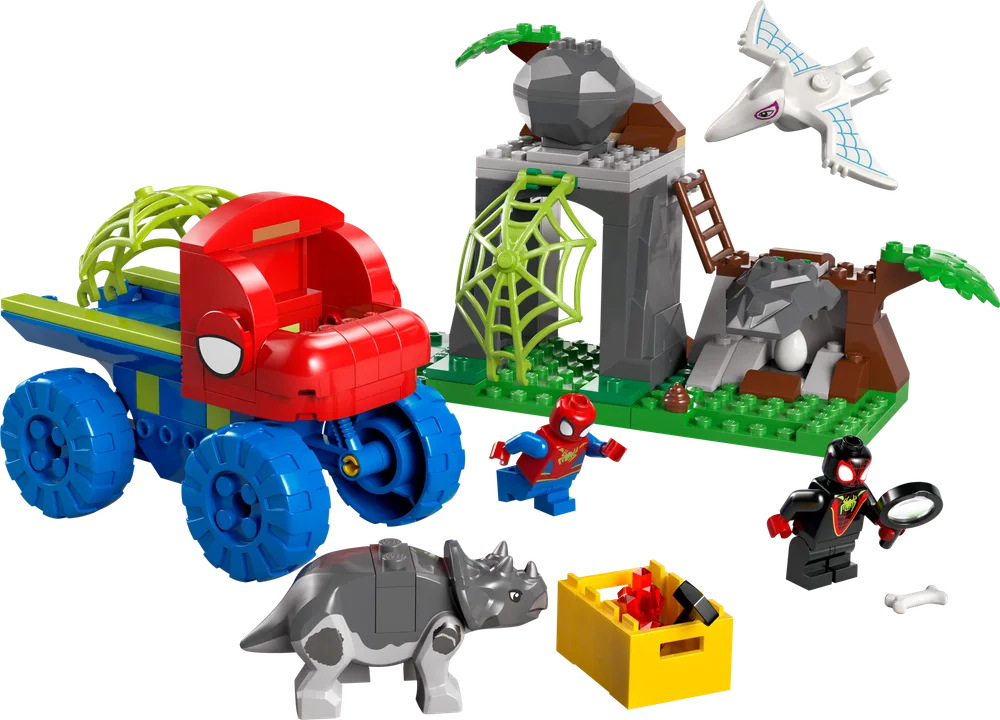Full LEGO Marvel Team Spidey Dino Crawler Rescue set with Spidey, Miles Morales, Rhino, Pterodactyl, and cave structure.