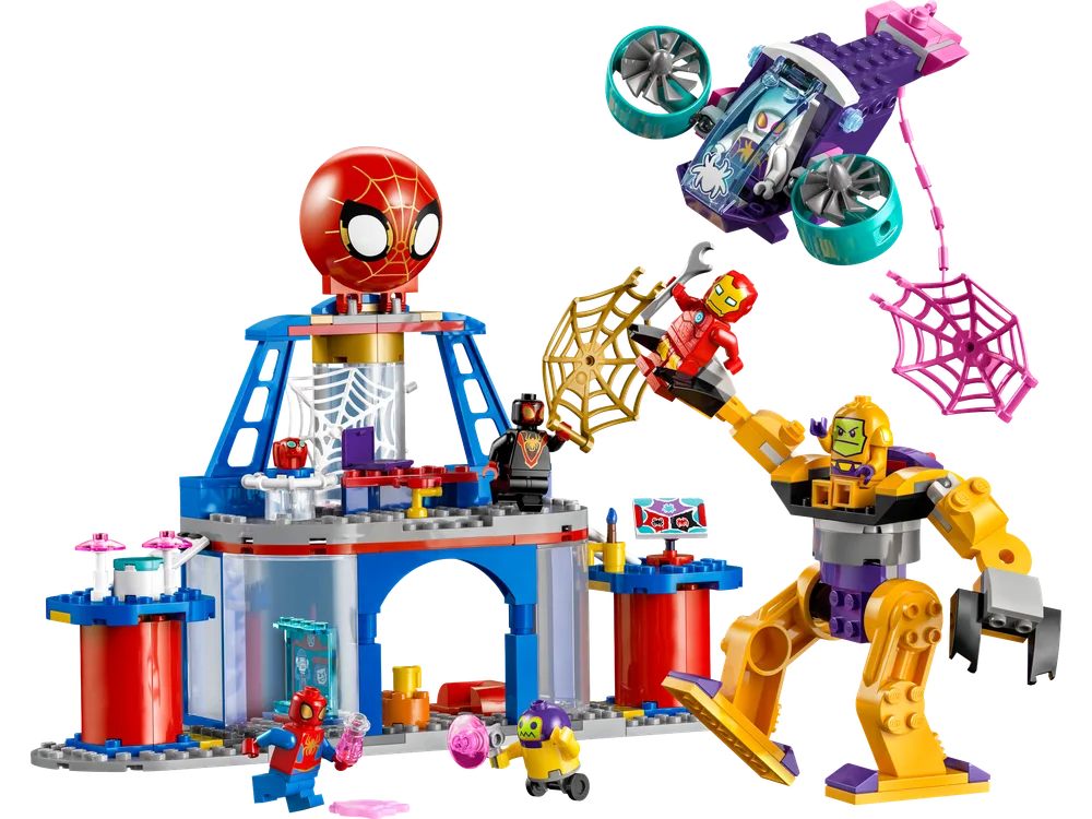 Full LEGO Marvel Web-Spinner Headquarters with Spider-Man, Iron Man mech, Ghost-Spider, and villains engaged in battle.